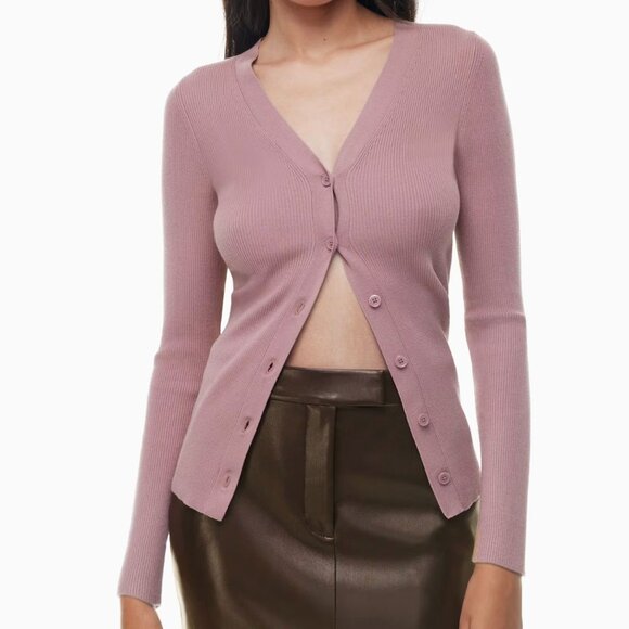 Aritzia Wilfred Cardigan V Neck Sweater Soft Knit Slim Claremont Pink Purple - Picture 1 of 14